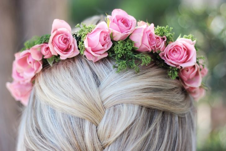 Blonde Hair with Braided Updo and Pink Flower Crown